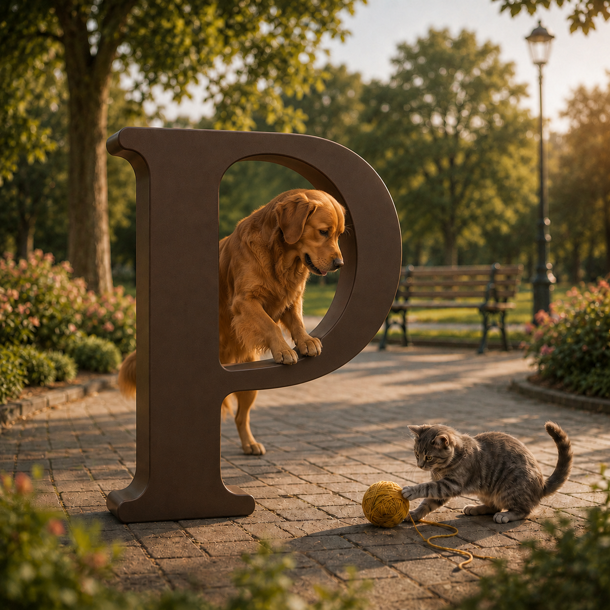 Golden retriever and kitten playing around a large PAWMINO P letter in a sunlit park