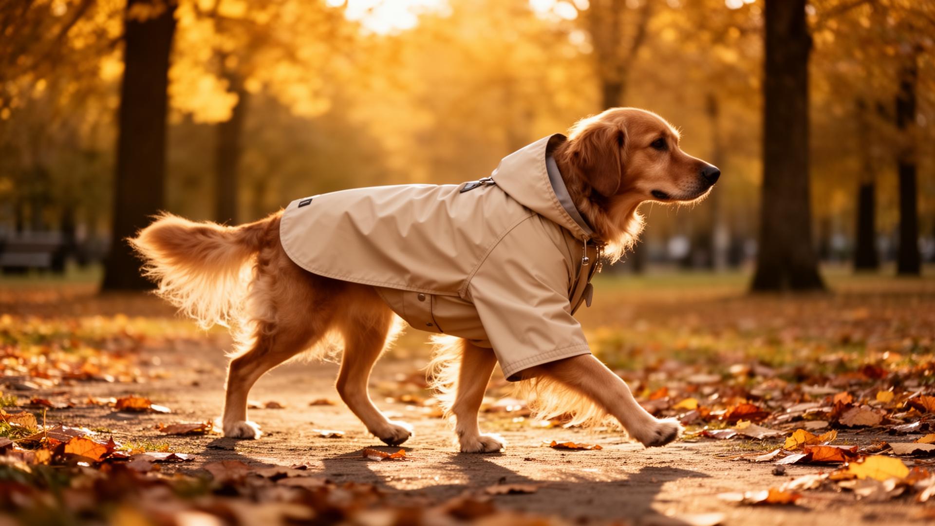 Dog in a beige raincoat walking through autumn park