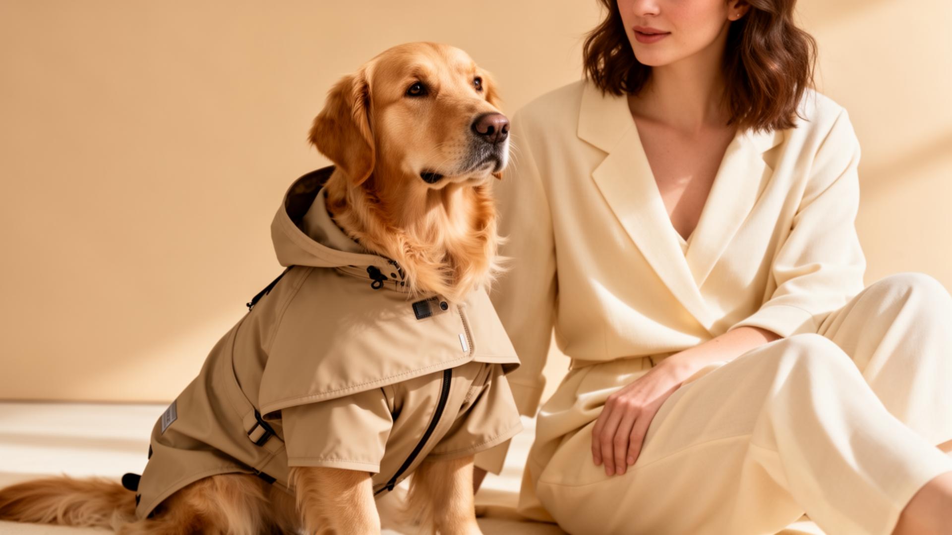 Golden retriever in a beige waterproof coat with their owner